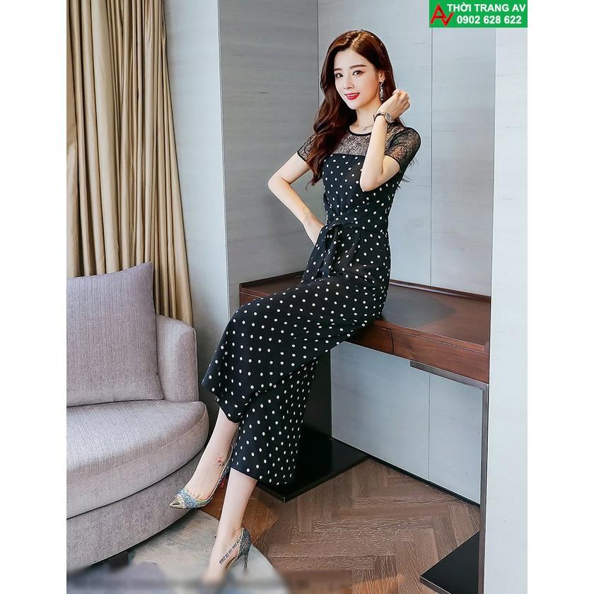 Jumpsuit - Đồ bay lửng ống rộng phối ren thắt nơ eo  - AV5947