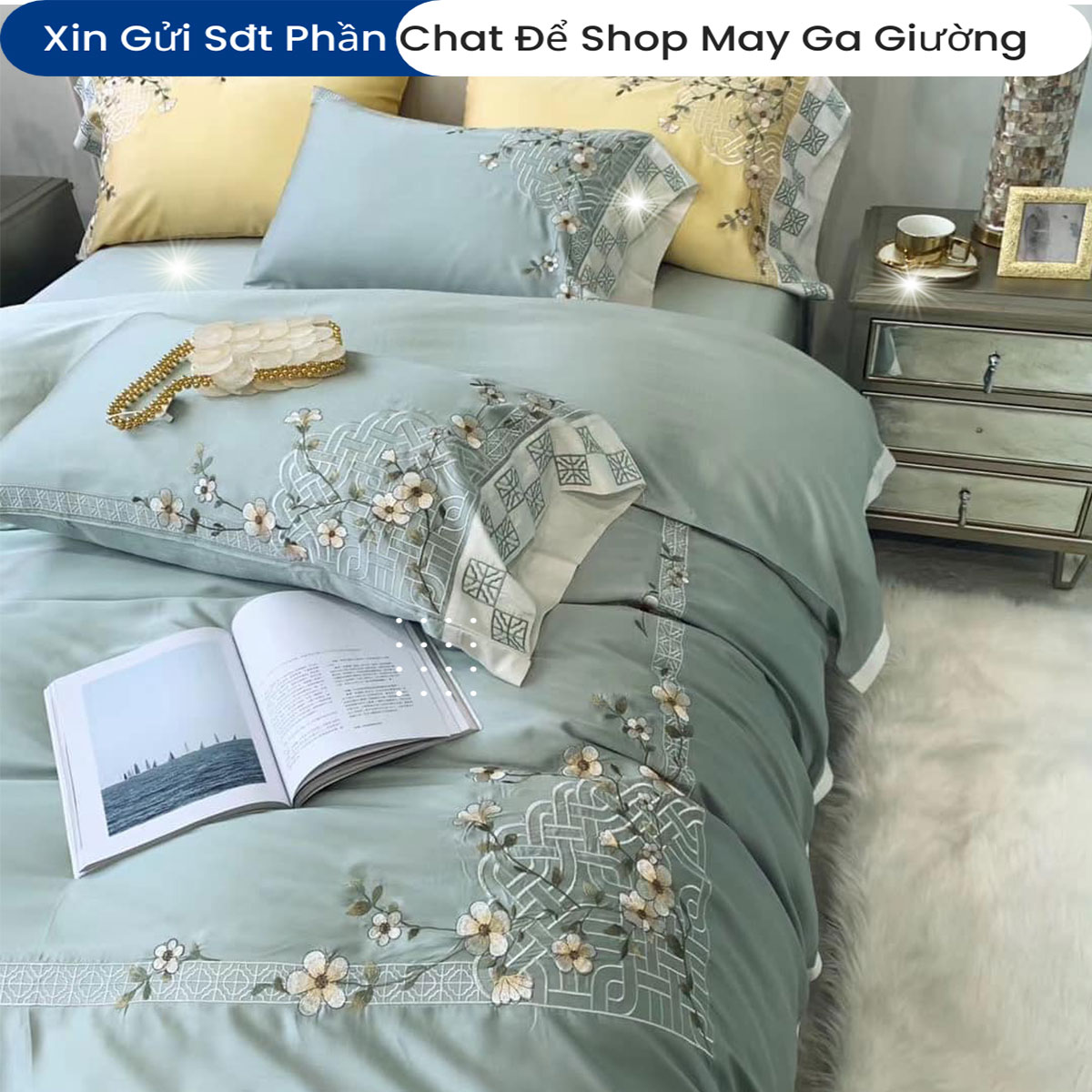 Bộ Chăn Ga Gối Đệm Lụa Tencel 100s Thêu Hoa 5 Món ANNA NGUYÊN Cao Cấp Chăn Chần Bông Lụa Mềm