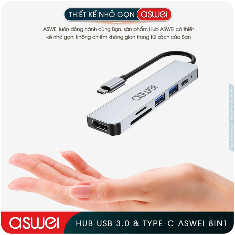 Hub Type C Và Hub USB ASWEI 8 in 1 To USB 3.0, SD, TF, USB C, Audio 3.5mm - Cổng Chia USB, Ổ Chia USB Tốc Độ Cao - Hub Chuyển Đổi USB Type C 8 Cổng Dành Cho Macbook, Laptop, PC, Máy Tính Bảng, Điện Thoại - Hàng Chính Hãng