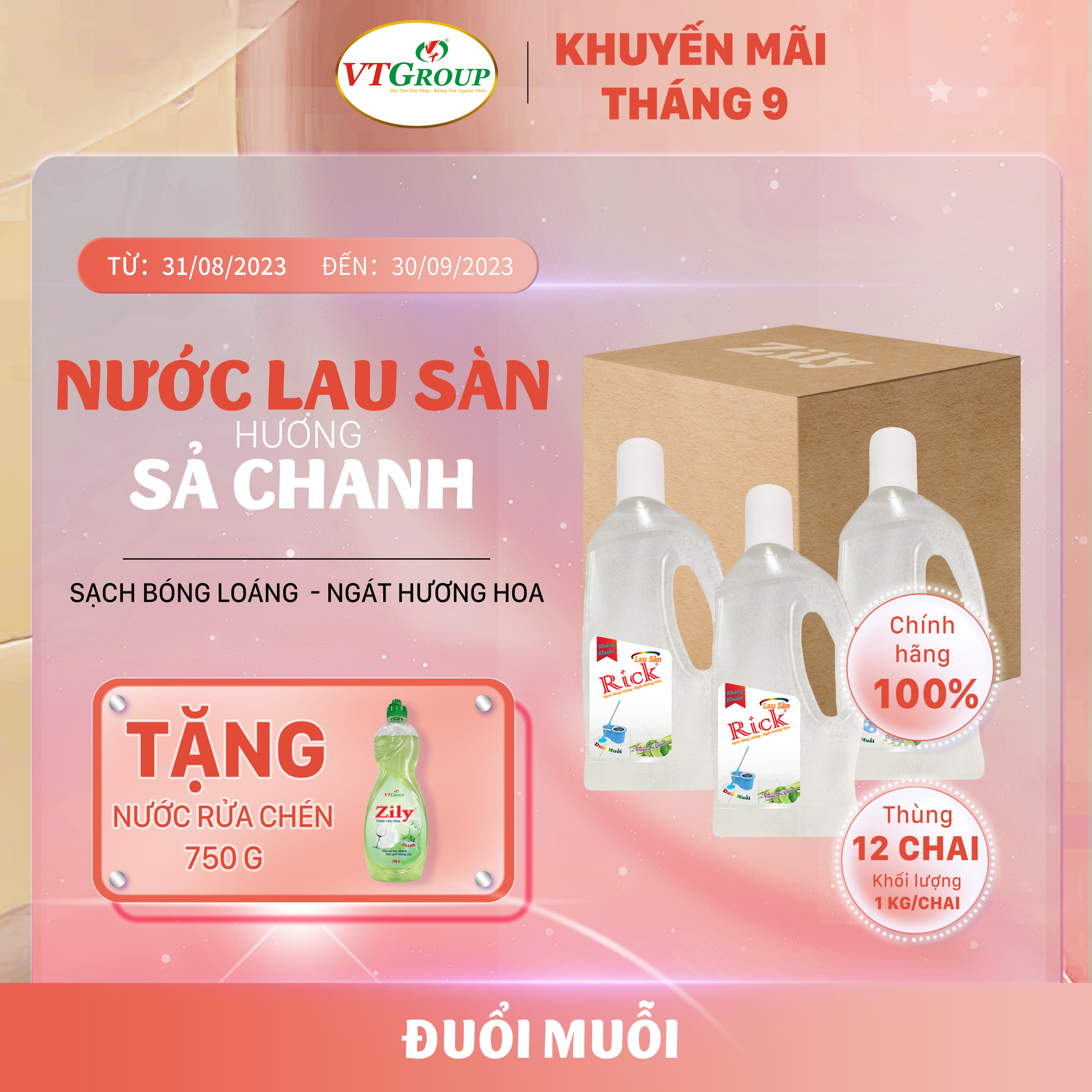 Nước lau sàn Rick 1kg (12 chai/thùng) - Tặng 1 chai rửa chén 750g