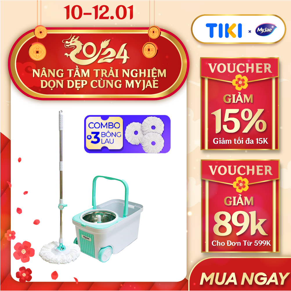 Combo 3 Bông Lau + 1 Bộ Lau Nhà MyJae Đài Loan Sợi Microfiber Xoay Siêu Tốc 360 Độ Thông Minh 129.5cm