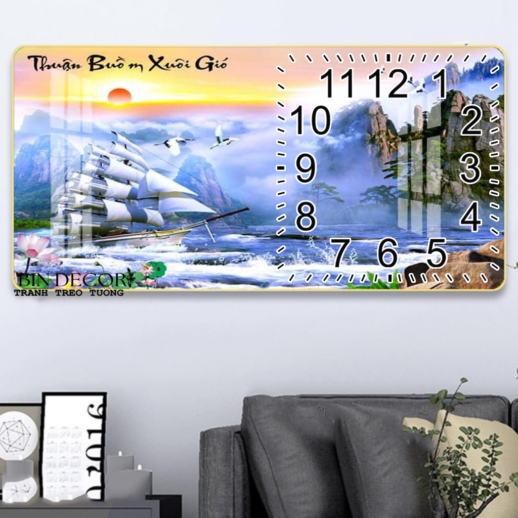 Tranh đồng hồ tráng gương thuận buồm xuôi gió 8 trang trí decor quà tặng tân gia