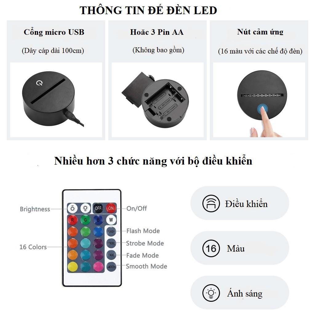 Đế Đèn Ngủ Led 3d Đế Đèn Trang Trí ~ Đèn Led 7 Màu có thể sáng 16 Màu cáp nối tiện lợi ( không gồm mica hình)