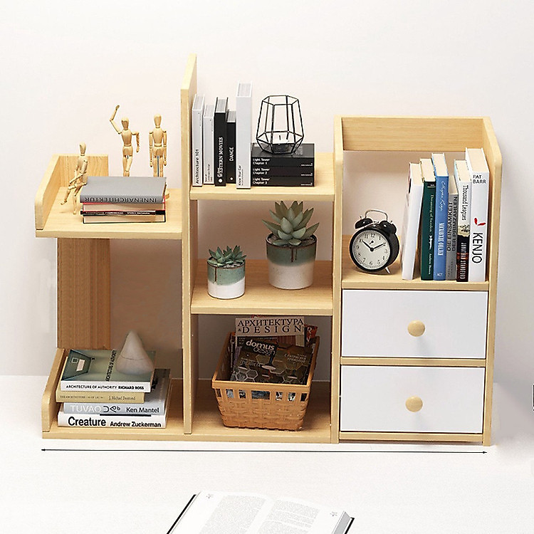 Kệ Sách Gỗ Xương Rồng Mini Kèm 2 Ngăn Kéo Để Bàn Decor Văn Phòng