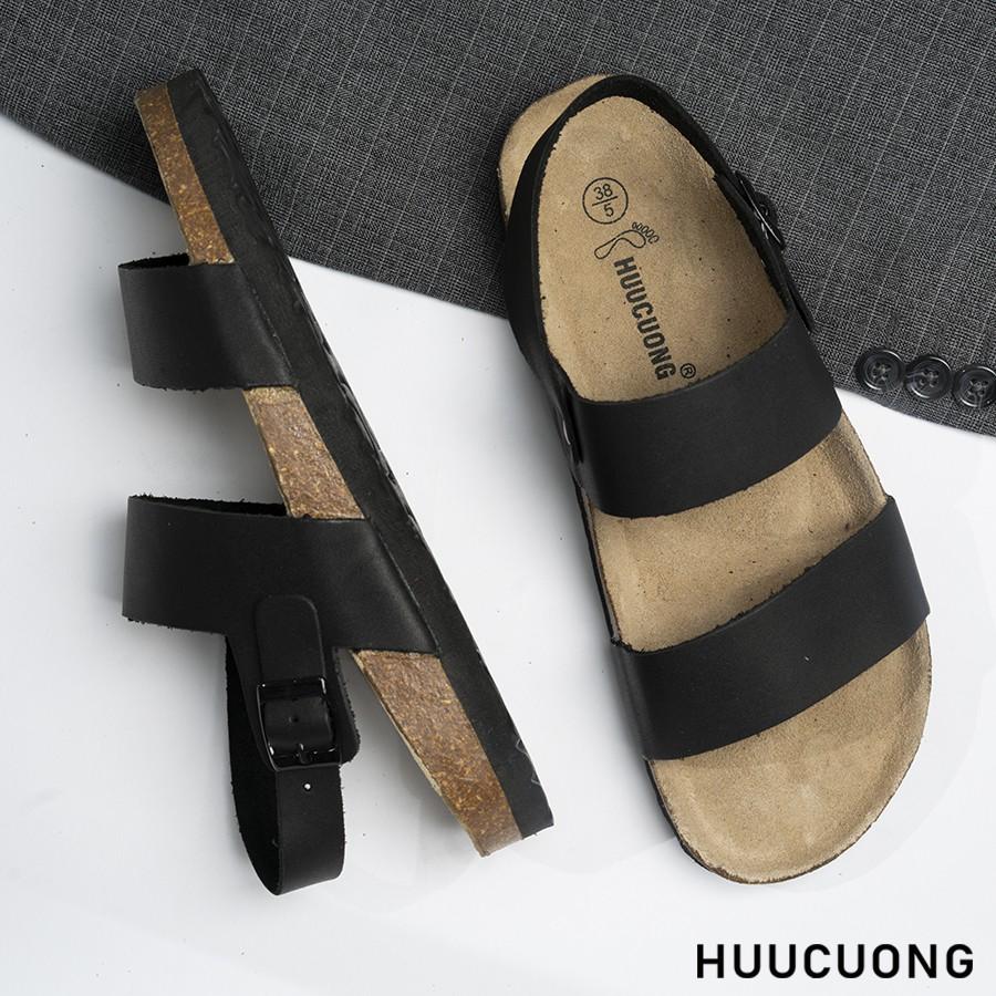 Giày Sandal Unisex HuuCuong 2 quai da bò đen đế trấu