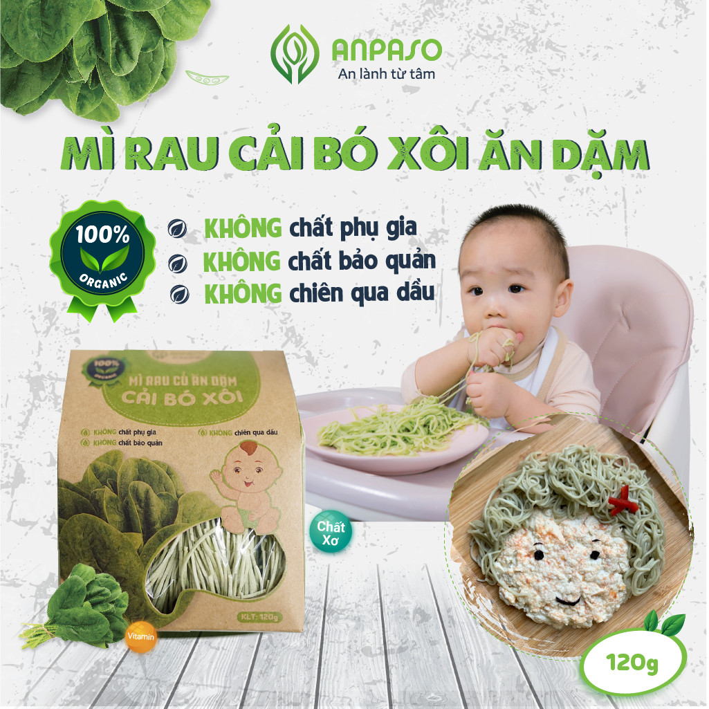 Mì Rau Củ Ăn Dặm Cải Bó Xôi Organic Anpaso 120g