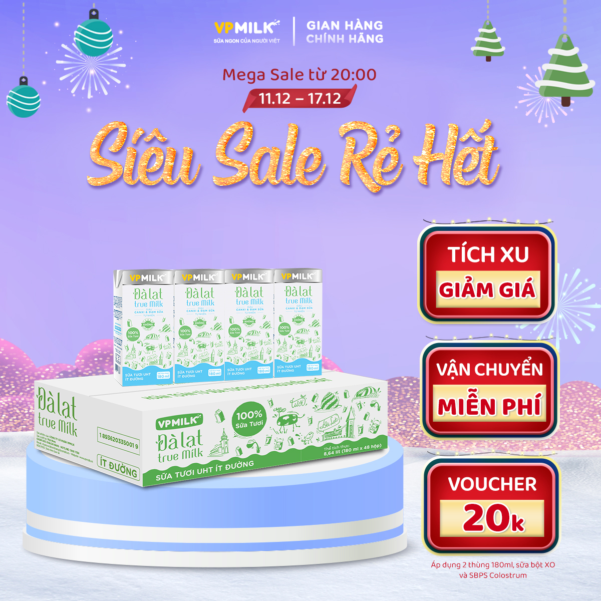 Sữa tươi UHT Đà Lạt True Milk VPMilk ÍT ĐƯỜNG thể tích 180ml (Thùng 48 hộp)