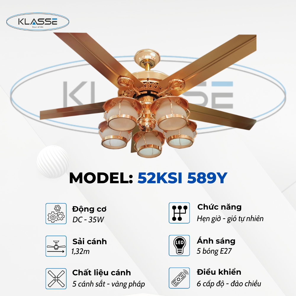 Quạt trần chùm đèn Klasse 52KSI 589Y Hàng chính hãng