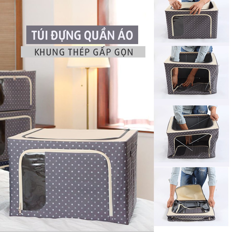 Túi hộp để quần áo ,chăn màn ,đồ dùng đa năng khung thép ,vải dày không thấm nước 66L mầu ngẫu nhiên- Tặng khăn lau 2 mặt siêu thấm đa năng mầu ngẫu nhiên