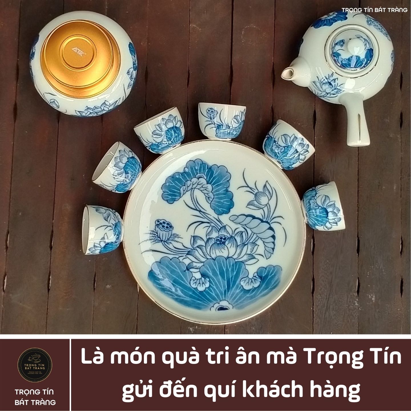Bộ Ấm Chén Trà Đạo Gốm Trắng Men Lam Bát Tràng Hoa Sen Vẽ Vàng Dáng Đường Vũ Dung Tích 320ml ATA 26
