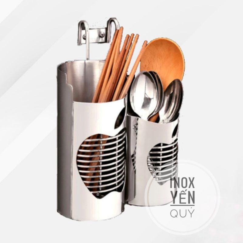 INOX304 Ống đũa 2 ngăn inox hình táo cao cấp - Ống đựng muỗng đũa tròn 2 ngăn hình táo inox cao cấp 304