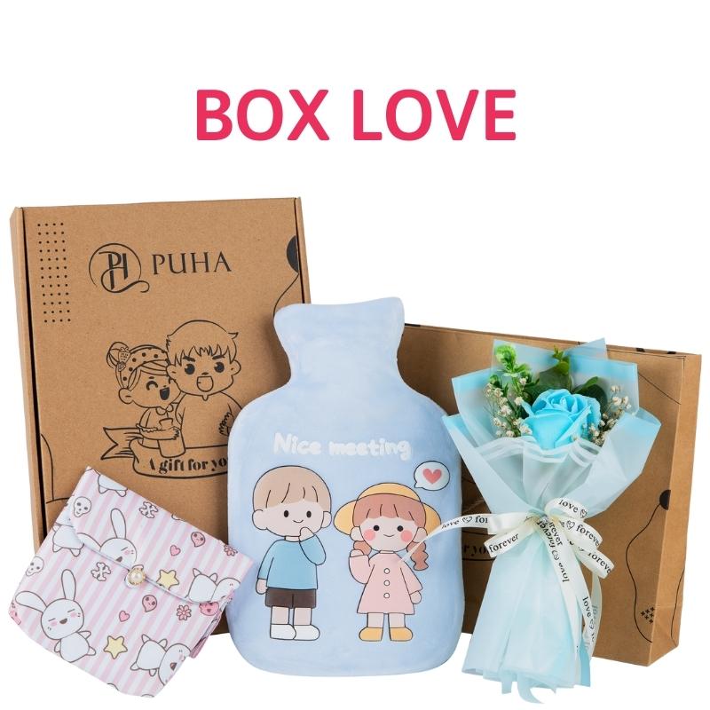 Túi chườm nóng đau bụng kinh Puha 1000ml, túi trườm nóng sưởi ấm tình yêu, box love chăm bạn gái ngày dâu gồm: Túi chườm Love You, túi vải đa năng và hoa hồng sáp