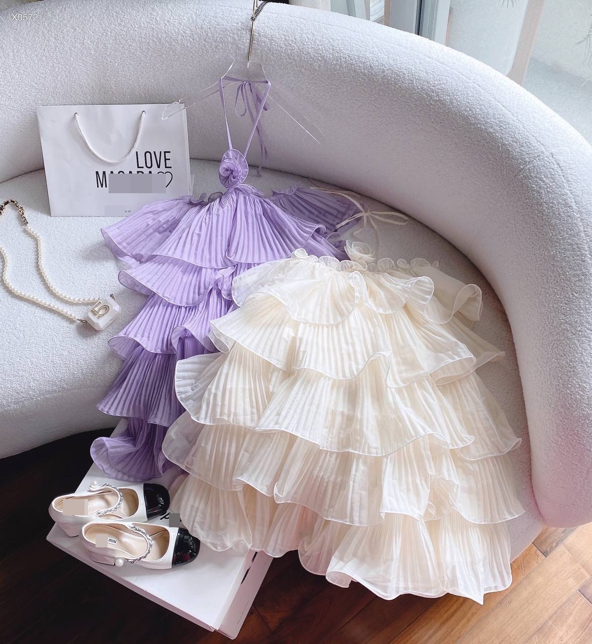 ĐẦM DÂY YẾM TRỄ VAI NGẮN RỘNG SUÔNG TRƠN XẾP LY BÈO TẦNG MÀU PASTEL ĐI BIỂN DỰ TIỆC DẠO PHỐ