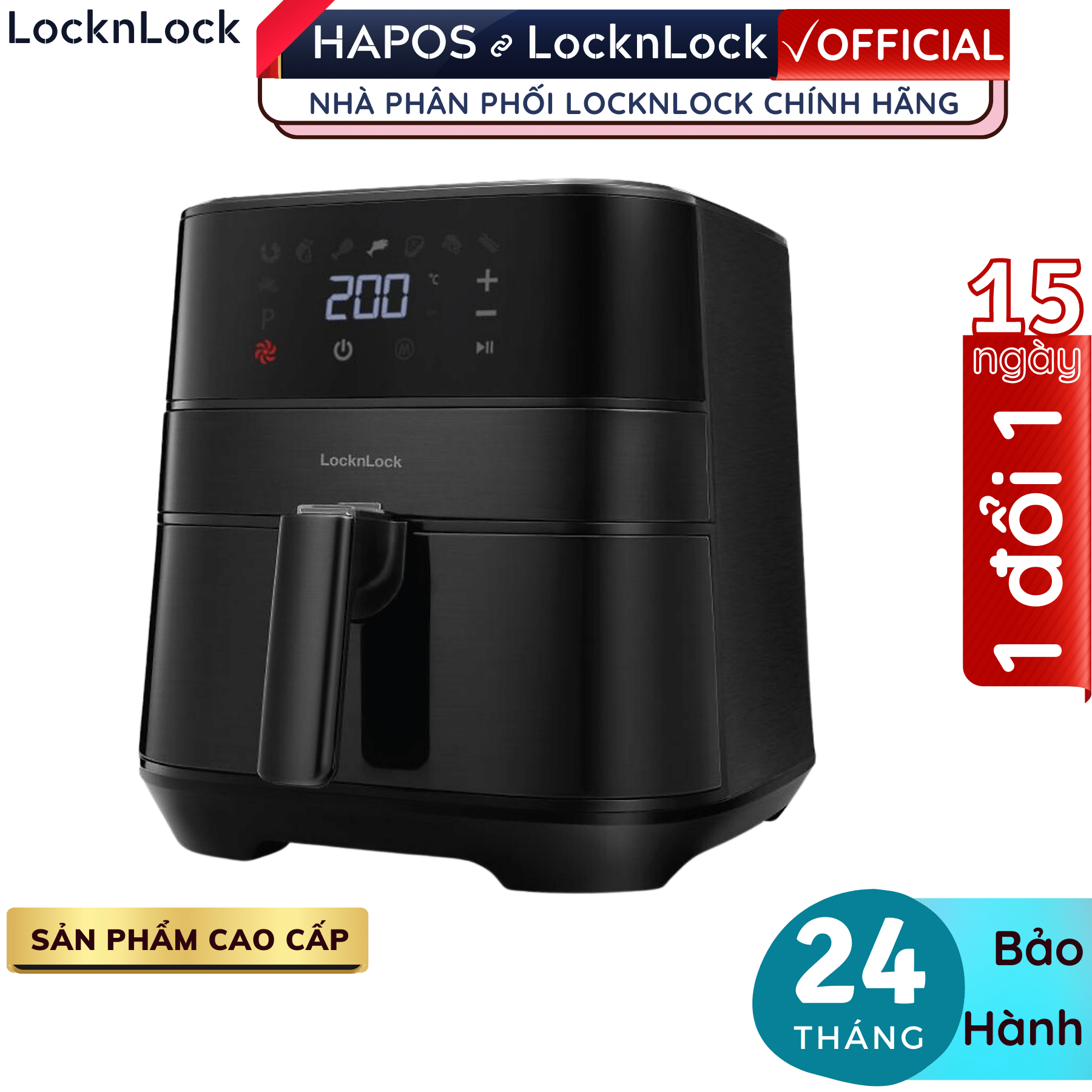 Nồi chiên không dầu Lock&Lock Deluxe Air Fryer EJF284BLK 5.5L - Hàng chính hãng, 8 chế độ cài đặt sẵn - Hapos