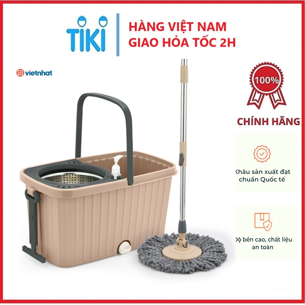 Bộ lau nhà tay kéo xoay 360 độ, Bộ lau nhà thông minh tự vắt Việt Nhật tặng kèm bông lau - Hàng Việt Nam