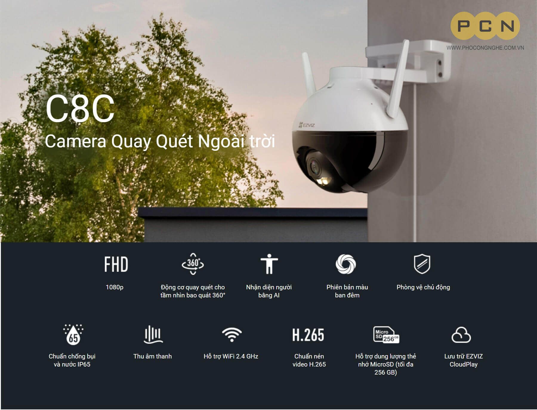 Camera IP wifi xoay 360 độ ngoài trời Ezviz C8C C8W C8PF - Hàng chính hãng