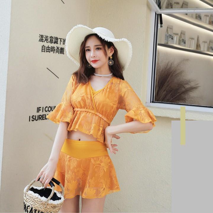 Bộ đồ bơi 3 mảnh bikini đẹp có đệm ngực gợi cảm với màu vàng cam nổi bậc