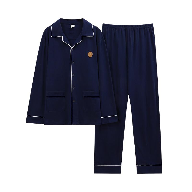 0113-Bộ Pijama nam dài tay cotton 100% màu xanh navy gọn dáng, phù hợp những ai thích đơn giản, sang trọng (M0113)