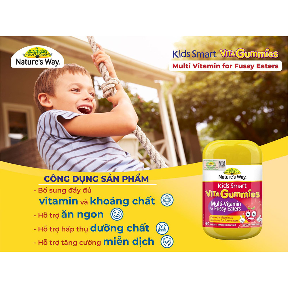 Nature's Way Kids Smart VITA GUMMIES MULTIVITAMIN FOR FUSSY EATERS - Vitamin Tổng Hợp Dạng kẹo Dẻo(60 viên/ Lọ)