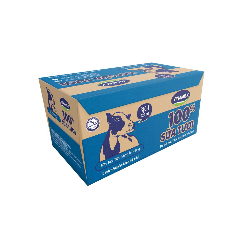Sữa tươi tiệt trùng ít đường Vinamilk 100% Sữa tươi - Thùng 48 bịch 220ml