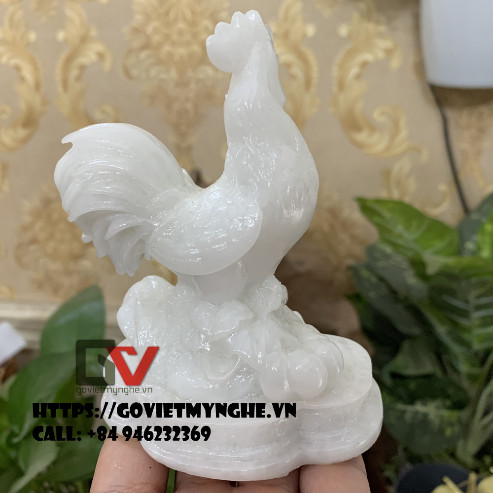 [Linh vật phong thủy] Tượng đá con gà trống phong thủy mang may mắn cho gia chủ - Cao 12cm - Màu đá trắng