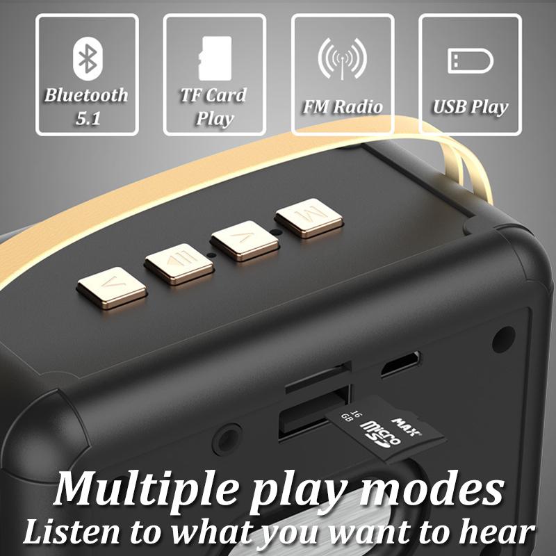 Nâng cấp Retro Bluetooth5.1Speaker Hộp âm thanh di động Đài FM cổ điển Máy nghe nhạc toàn dải 5W Hỗ trợ thẻ TF Phát USB Màu sắc: Đen