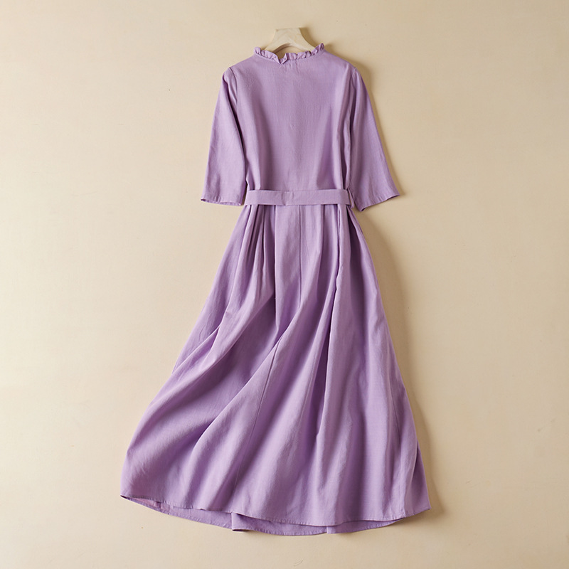 Đầm suông Linen nữ màu tím sang trọng, họa tiết trơn mix bèo  nhún nhẹ nhàng Đũi Việt Dv62