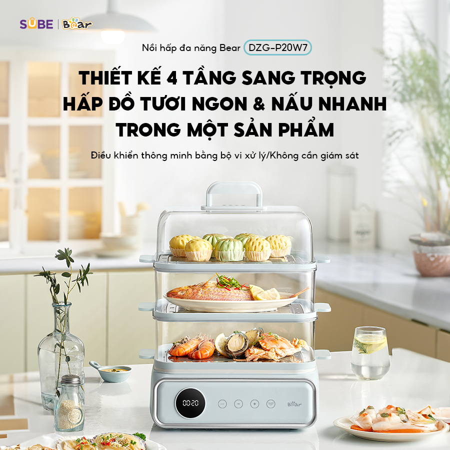 Nồi Hấp Bear Nồi Hấp Điện 3 tầng Nồi Lẩu Điện Kèm Hấp Đa Năng Cảm Ứng Hấp Lẩu Hầm Healthy Tiết Kiệm Điện - Hàng Chính Hãng DZG-P20W7