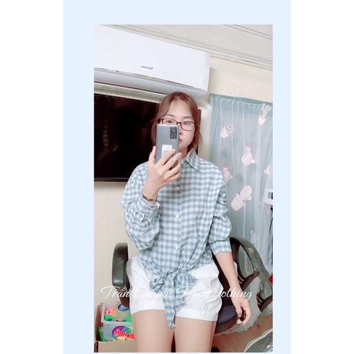 Áo sơ mi kẻ dài tay buộc thắt nơ trẻ trung thời trang