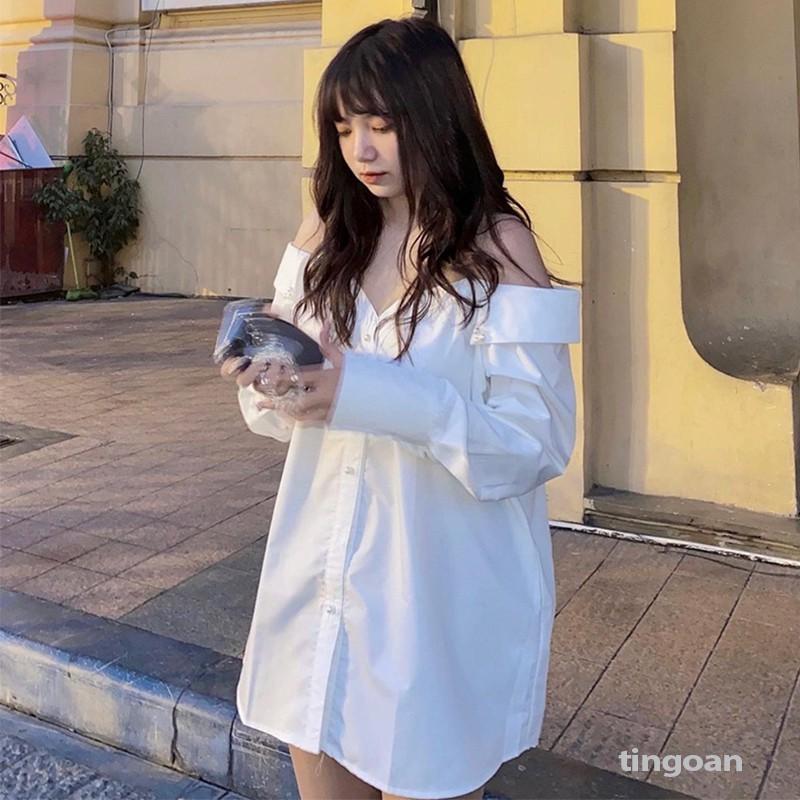 Áo sơmi trễ vai trắng phối lưới đính ngọc chống nhăn tingoan PURE LOVE SHIRT/WH