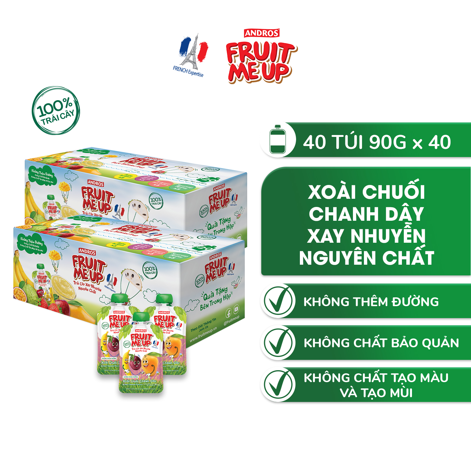 Trái Cây Xay Nhuyễn Nguyên Chất Andros Fruit Me Up - Xoài Chuối Chanh dây - Thùng 40 túi - 90g x 40