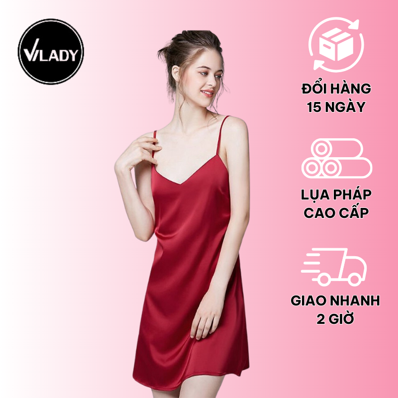 Váy ngủ nữ, váy 2 dây lụa VILADY - V128 dáng suông màu đỏ đô chất liệu lụa Pháp cao cấp