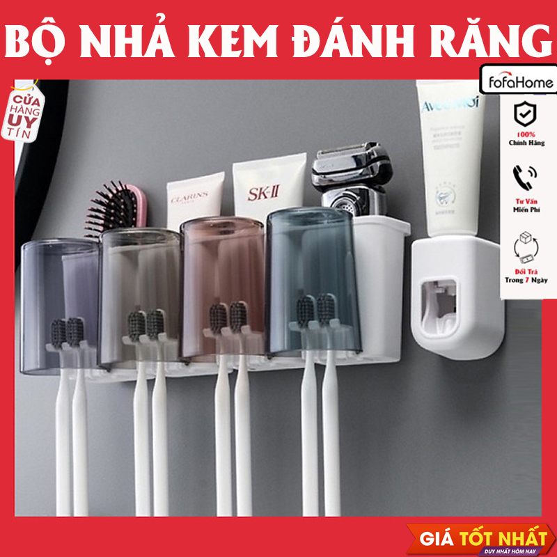 Bộ 4 Cốc Kiêm Giá Đỡ Bàn Chải Dán Tường, Nhả Kem Tự Động. Bộ Nhả Kem Đánh Răng Kèm 4 Cốc Nhựa Hữu Dụng