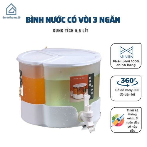 Bình Đựng Nước Có Vòi 3 Ngăn Dung Tích 5.2L Đế Xoay 360 Độ Có Nắp Đậy Tiện Lợi-HÀNG LOẠI 1 CHÍNH HÃNG MINIIN