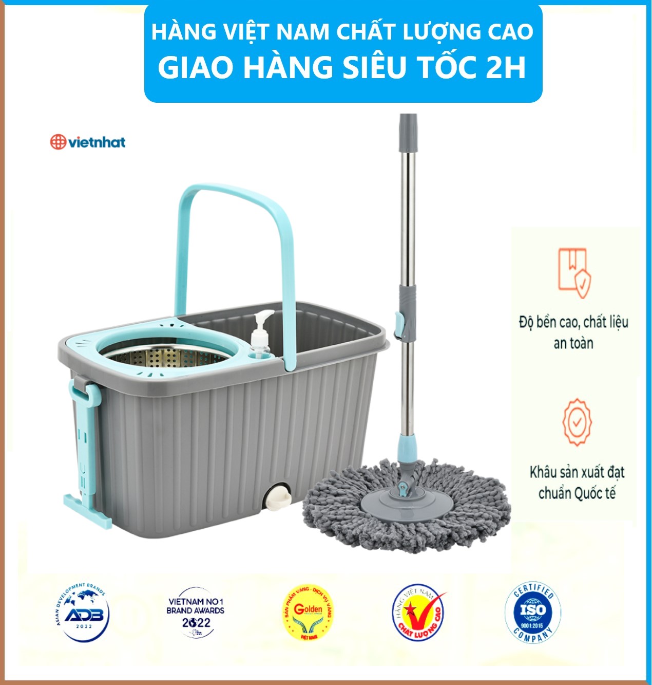 Bộ lau nhà tay kéo xoay 360 độ, Bộ lau nhà thông minh tự vắt Việt Nhật cao cấp có kèm cây lau đa năng - Hàng chính hãng