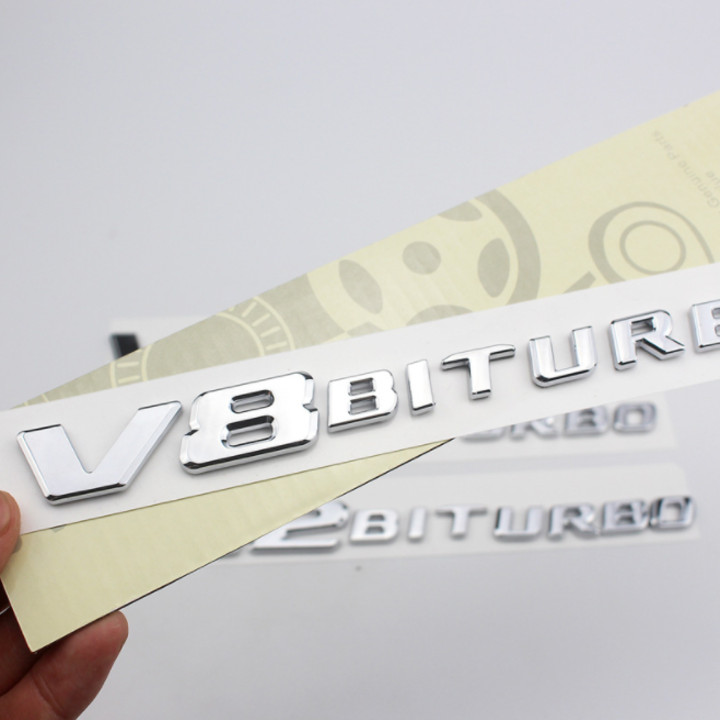 Decal tem chữ V8-Biturbo dán hông xe ô tô - Chất liệu: nhựa ABS cao cấp được mạ Crom - Kích thước: 19x2.3cm - 2 màu: Đen và Bạc