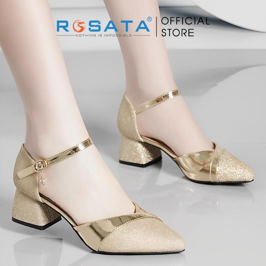 Giày cao gót nữ đế vuông 4 phân mũi nhọn quai hậu khóa cài ROSATA RO552 ( Bảo Hành 12 Tháng ) - Bạc