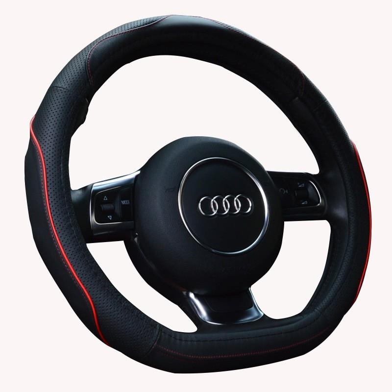 Bọc Vô Lăng Ô Tô Da Thật Chữ D Vát Đáy Cao Cấp Đen Chỉ Đỏ