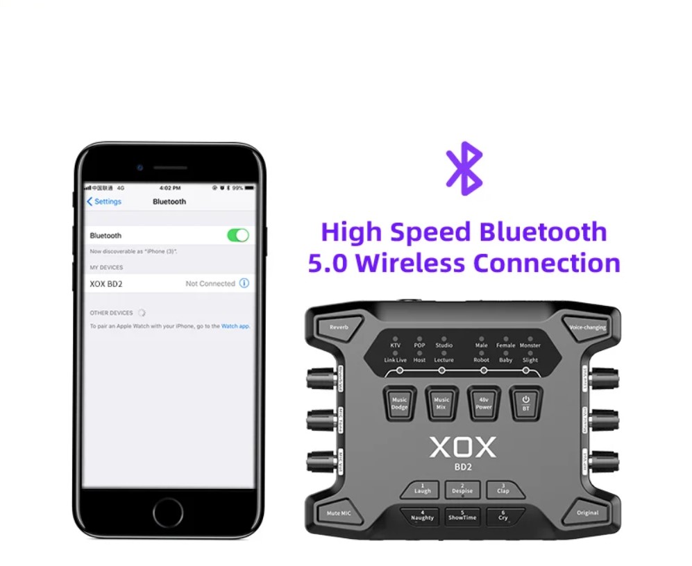 Sound card XOX BD2 - Lấy nhạc qua bluetooth 5.0 - Tích hợp nguồn 48V, hiệu chỉnh độ nhạy, âm lượng micro dễ dàng - Hỗ trợ 2 micro, 2 tai nghe song ca, Livstream được 3 thiết bị cùng lúc - Thu âm, livestream, karaoke online chuyên nghiệp - Hàng nhập khẩu