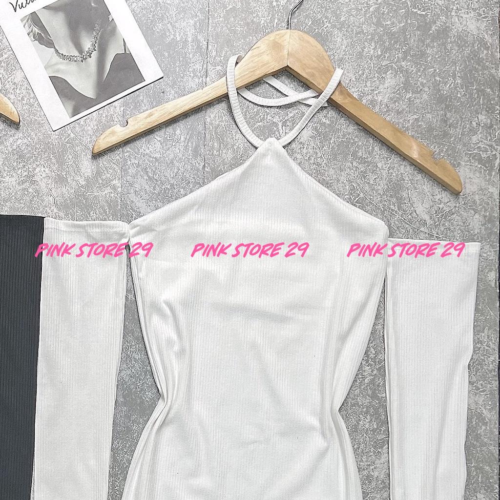 Đầm Body Trễ Vai Tay Dài PINKSTORE29 Phối Cổ Yếm, Tôn Dáng Gợi Cảm D053