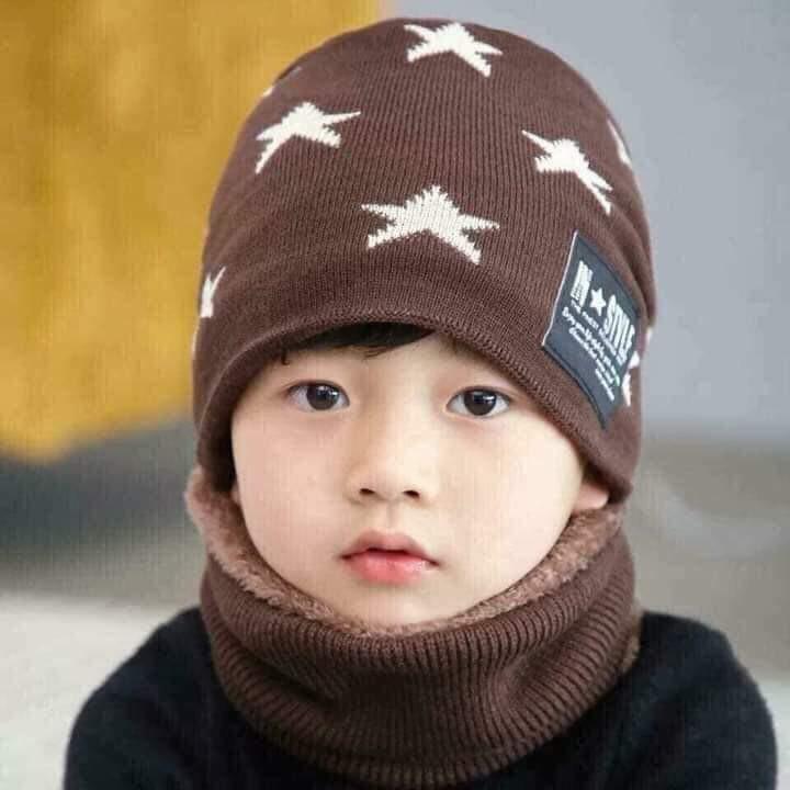 Set mũ len kèm khăn hình ngôi sao có lót lông cực ấm cho bé trai bé gái