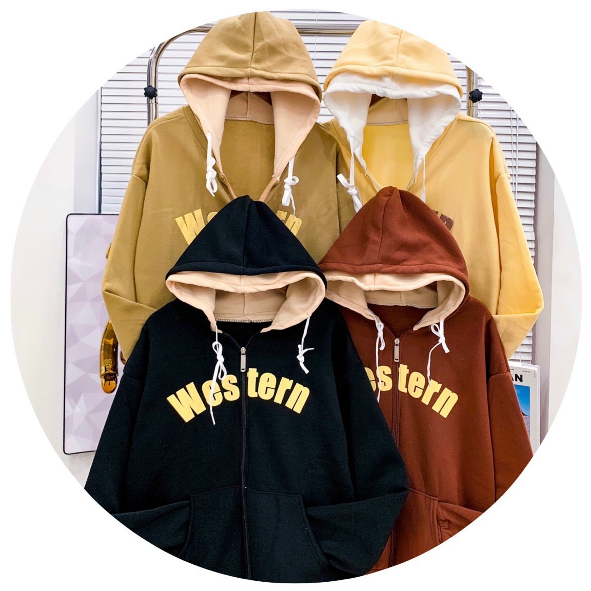 Áo khoác nỉ unisex liền mũ có túi in chữ WESTERN có 5 màu