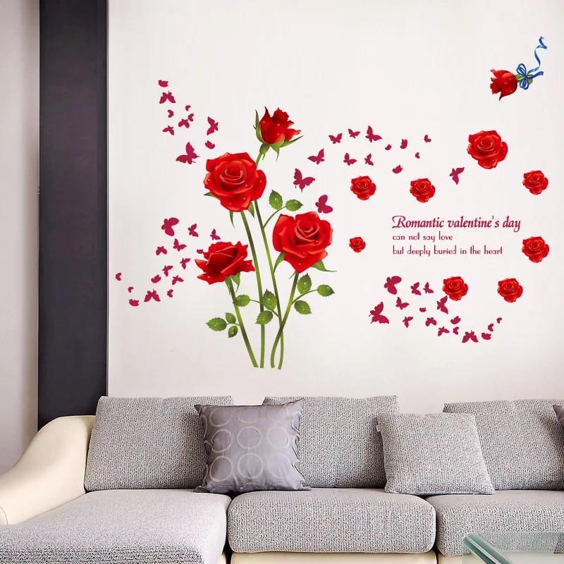 Decal trang trí tường 4 nhành Hoa Hồng Đỏ và Bướm Đỏ