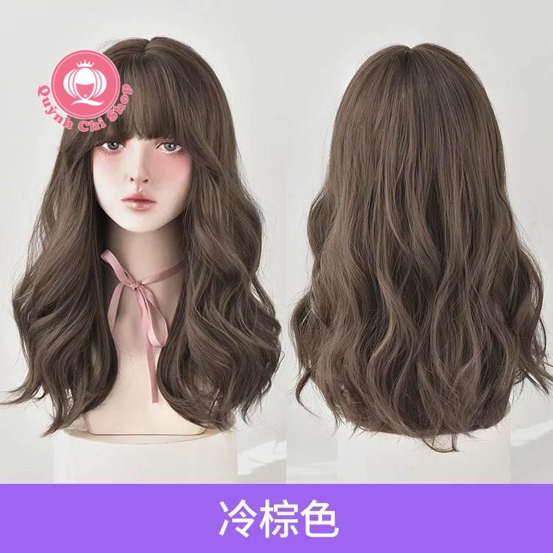 Tóc giả nguyên đầu CAO CẤP, tóc giả gợn sóng dài chạm vai có mái thưa phong cách Hàn Quốc – tặng lưới tóc