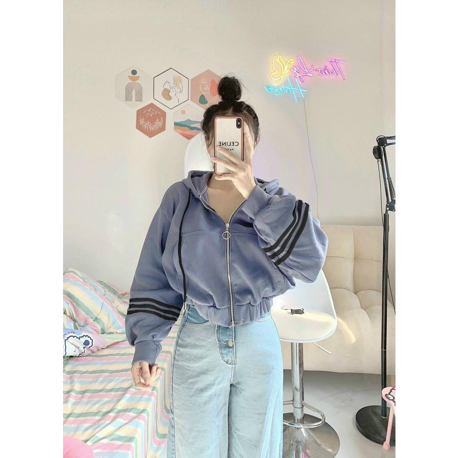 Áo Khoác Hoodie Nữ Kiểu Croptop Phối Viền Sọc Tay Có Nón Vải Thun Nỉ Ngoại Mềm Mịn( Nhiều Màu)