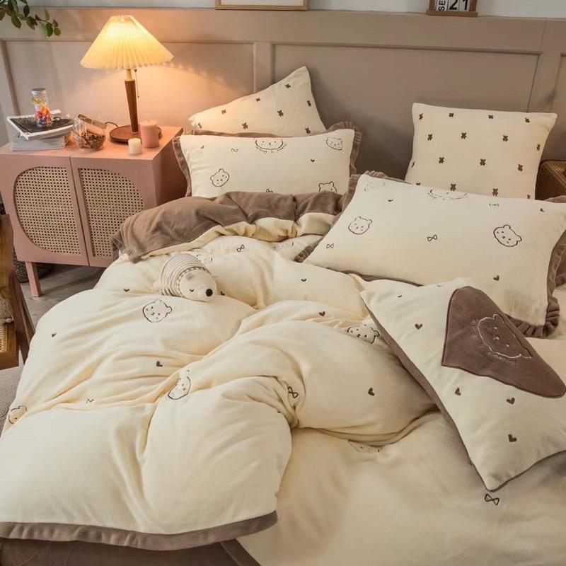 Bộ Chăn Ga Gối Nỉ Nhung Mịn Hàng Nhập Khẩu Cao Cấp 4 Món Gấu Teddy
