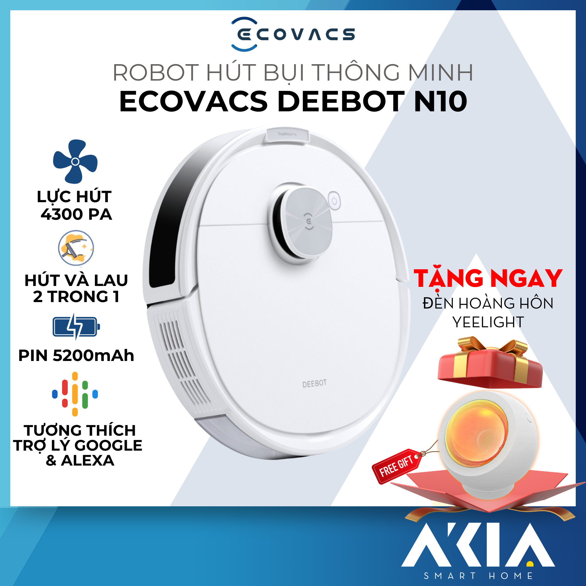 Robot hút bụi lau nhà thông minh Ecovacs Deebot N10 - Lực hút 4300 Pa, dung lượng pin 5200mAh, lưu trữ 3 bản đồ - Hàng chính hãng