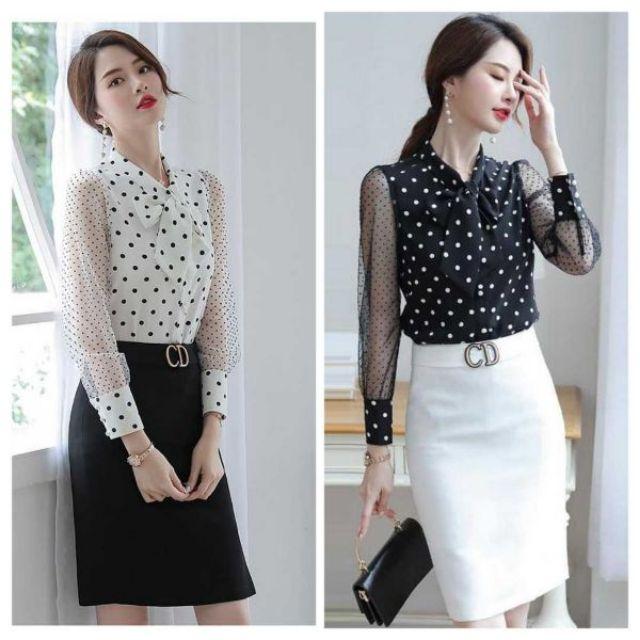ÁO SƠ MI NỮ CHẤM BI TAY LƯỚI CAO CẤP