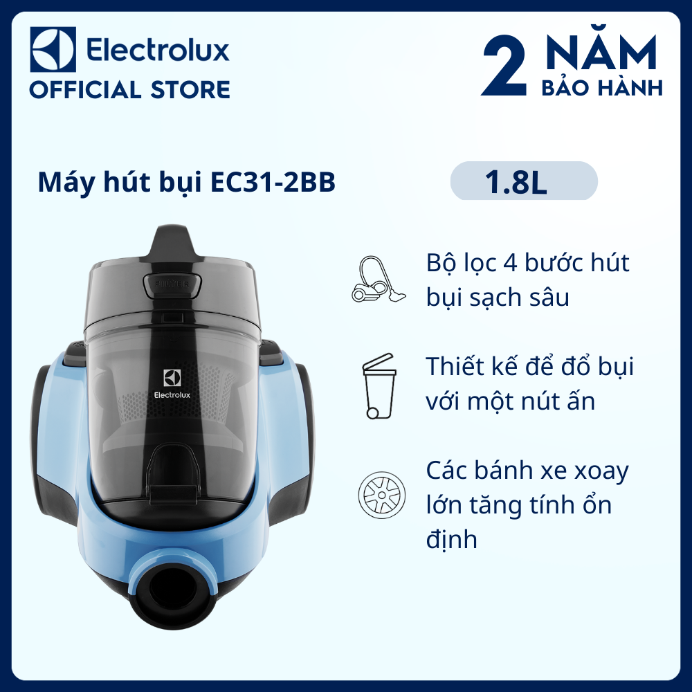 Máy hút bụi - hộp chứa bụi Electrolux 1.8L - EC31-2BB - Thiết kế để đổ bụi với một nút ấn, cùng bộ lọc 4 bước hút bụi sạch sâu [Hàng chính hãng]