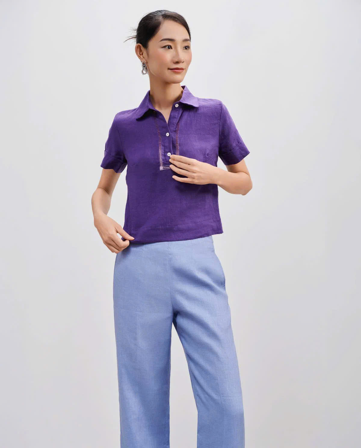 Áo Sơ Mi Nữ Cổ Trụ Tay Ngắn, Áo Sơ Mi Rua Rút Chỉ Linen Tím TOP195 thời trang thiết kế Hity